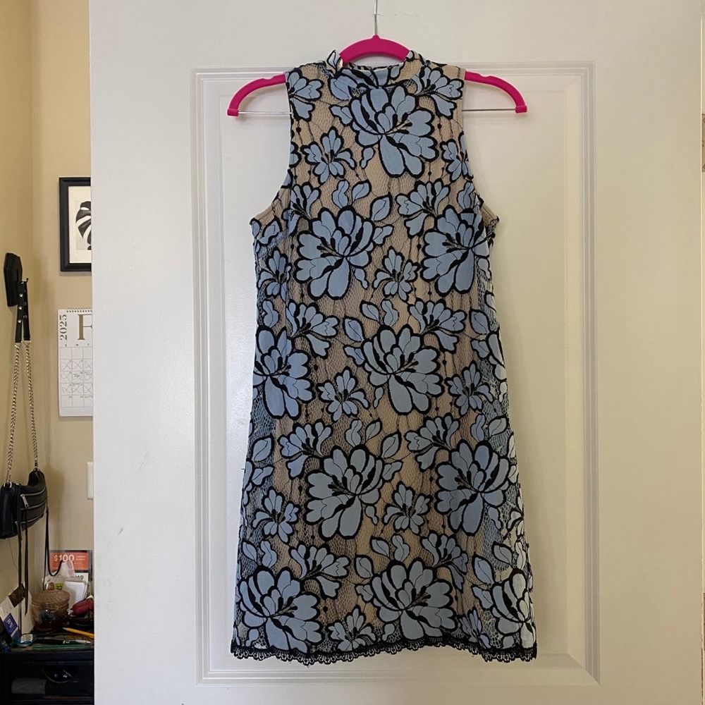 Women's Floral Lace Dress Sleeveless Blue Beige, Size S​